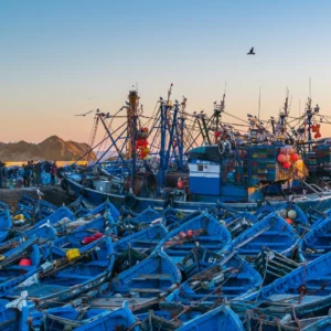 blue fishing boats in the port of Essaouira, Morocco